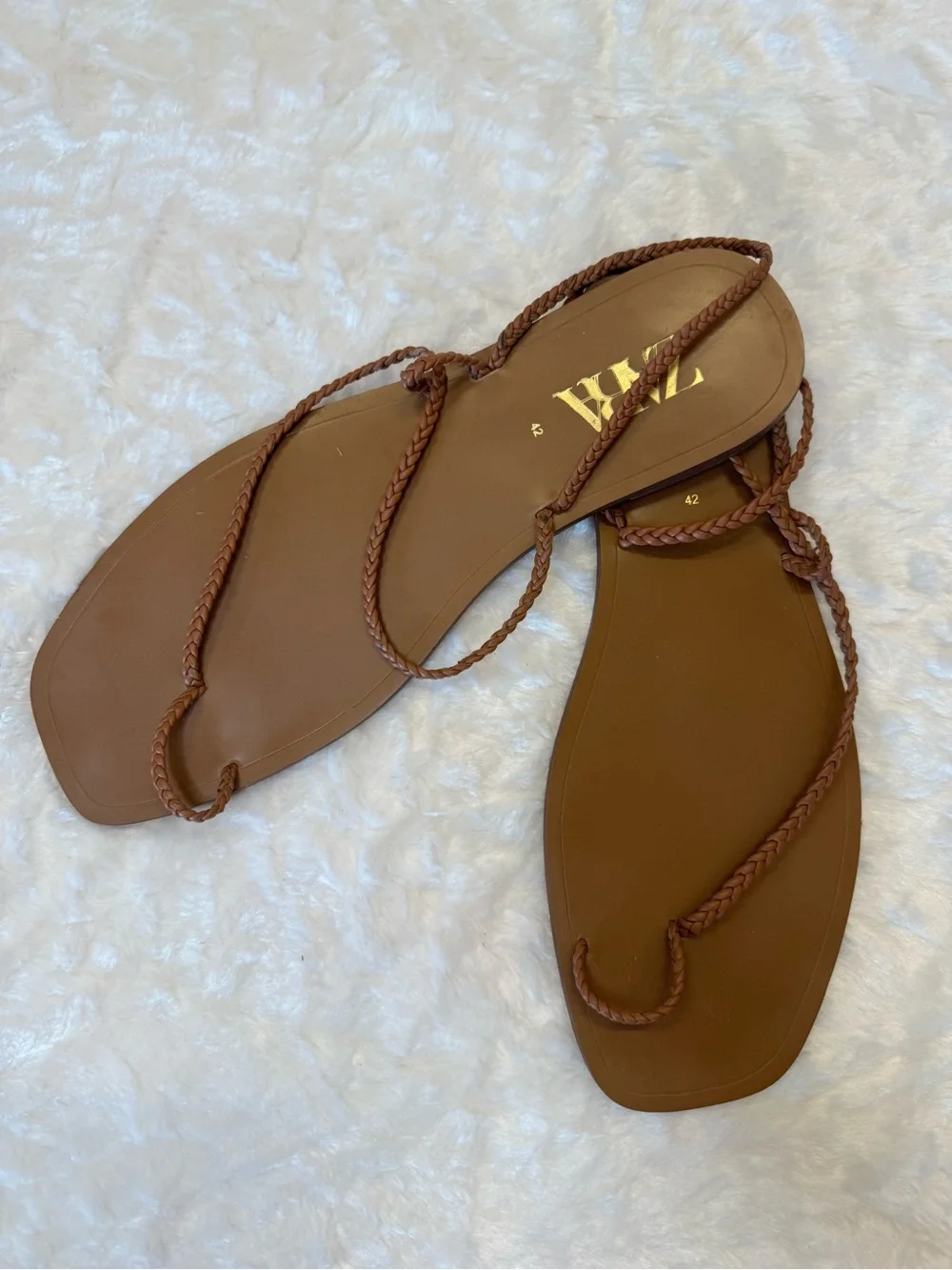 Zara Women's Braided Leather Flat Sandals - In Cognac- Size 42 or 11 - Picture 5 of 11